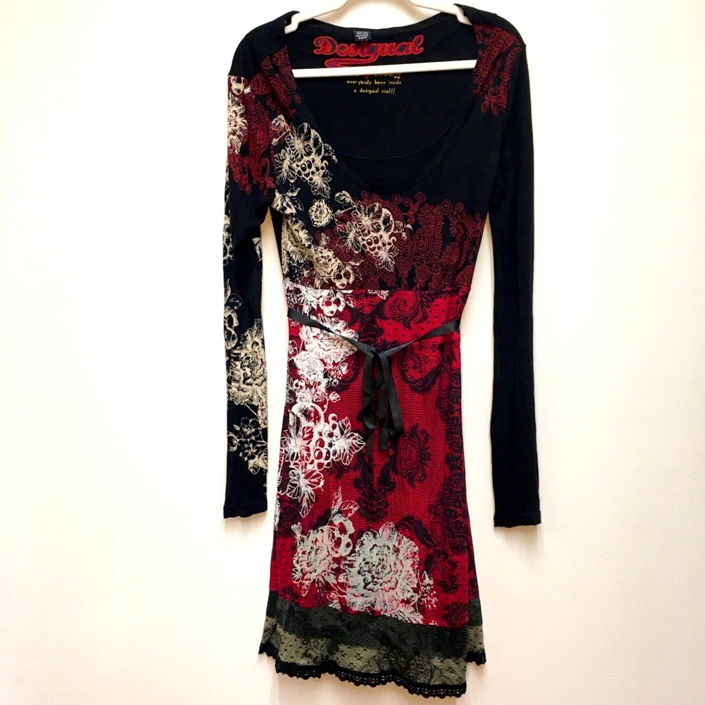 Desigual Long Sleeve Embroidered A-line Dress Large Black Dark Romantic Gothic